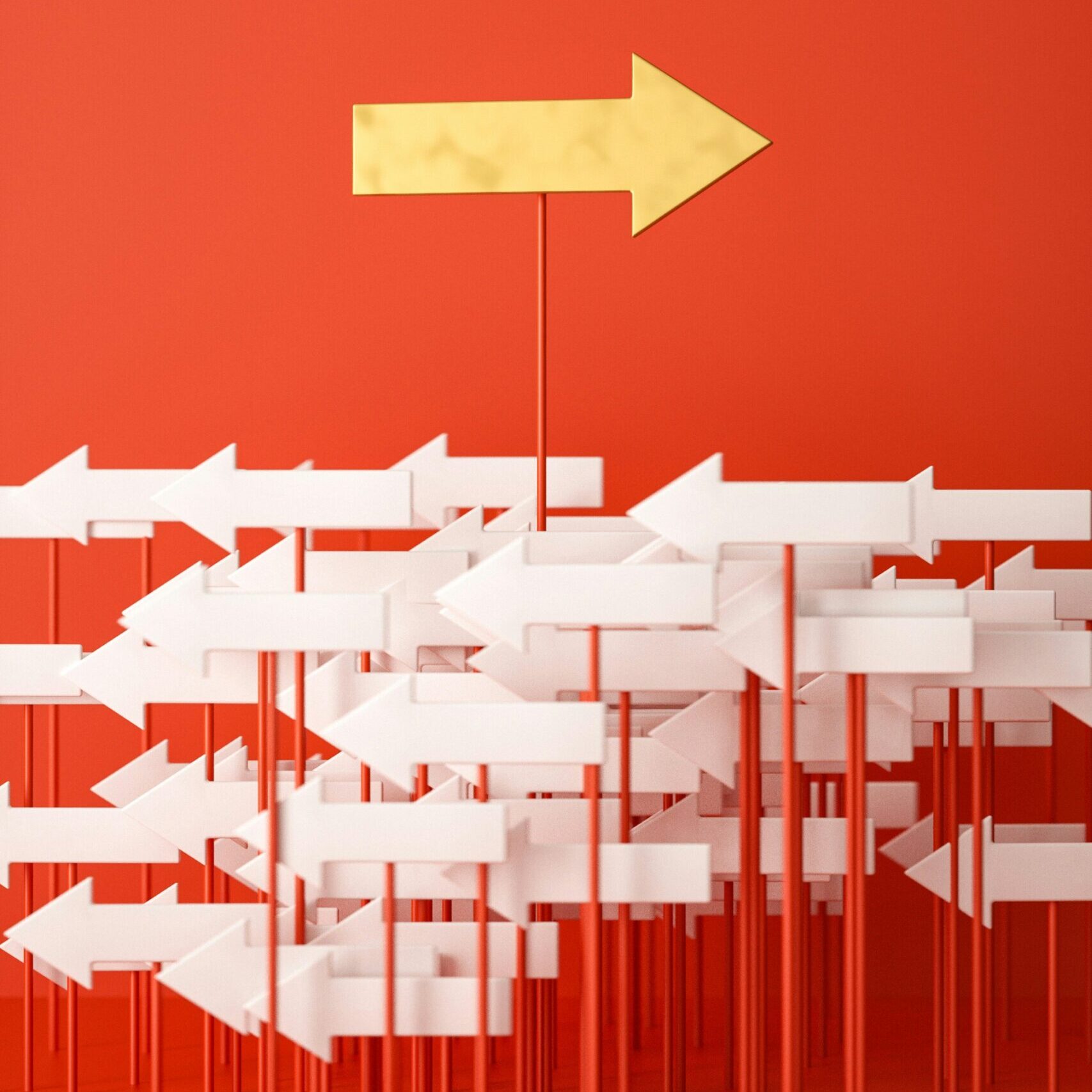 One strong arrow moving right through many chaotic arrows going left—symbolizing confident direction through AI complexity